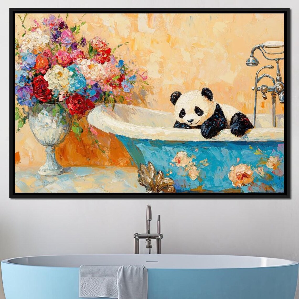 Cute Panda Relaxing In Blue Floral Bathtub Whimsical Animal Wall Art - Image 3