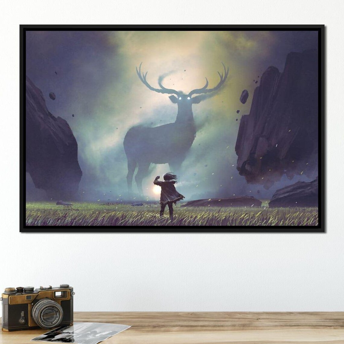 Spiritual Giant Deer Mystic Girl Fantasy Enchanted Field Wall Art - Image 2