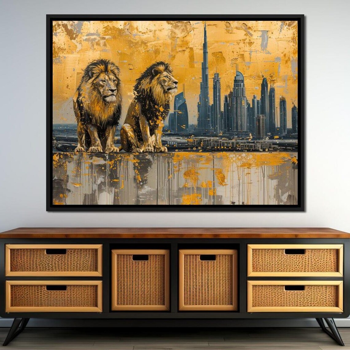 Twin Lions Dubai Skyline Gold Leaf Urban Wildlife Art Wall Poster - Image 4
