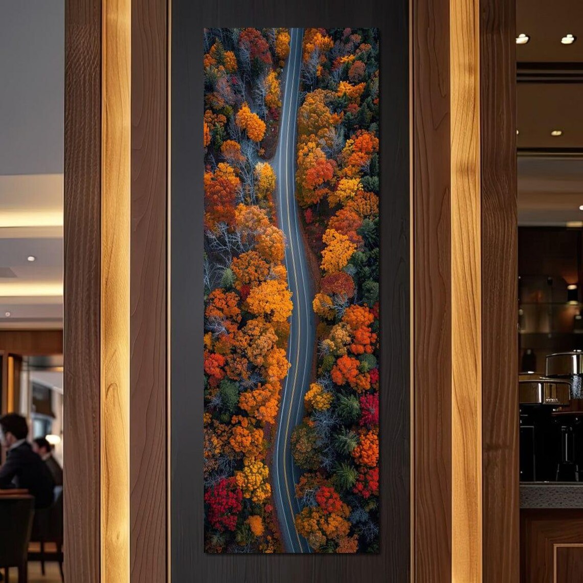 Top Down Autumn Road Forest Canopy Fall Foliage Aerial View Poster - Image 3