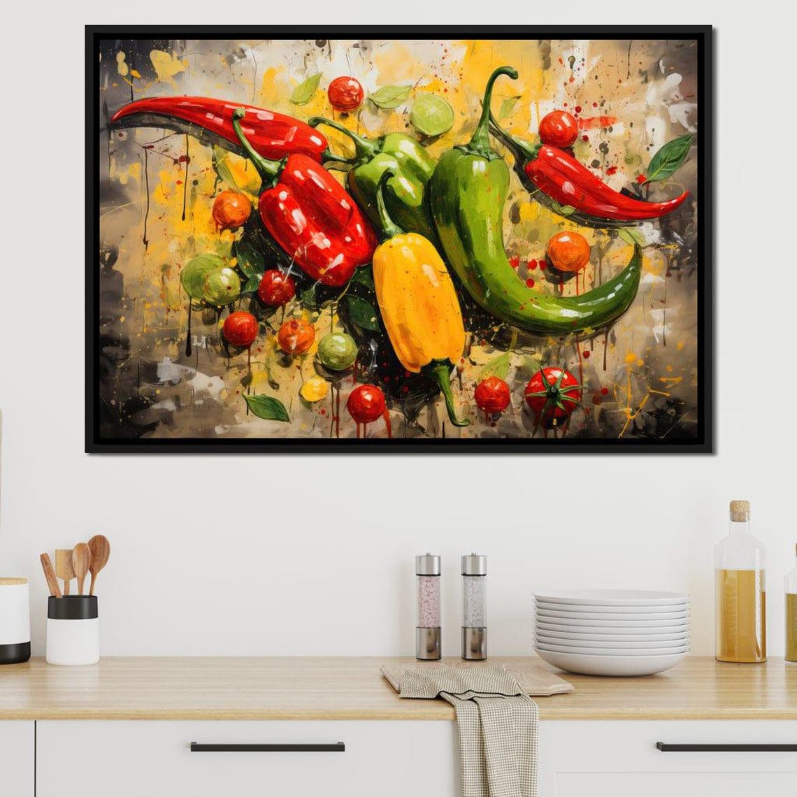 Colorful Chili Peppers Tomatoes Still Life Painting Kitchen Wall Art