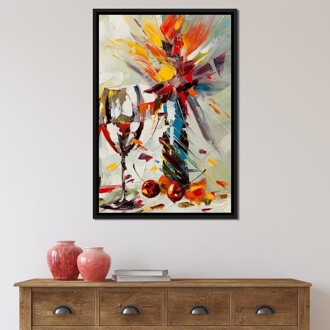 Abstract Wine Glass Cherry Bouquet Bold Colorful Kitchen Art Poster - Image 2