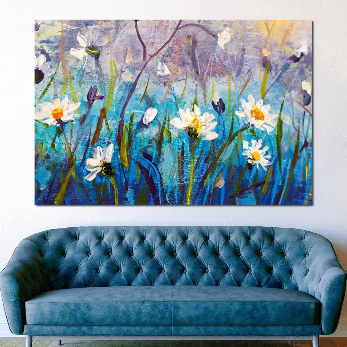 White Daisies On Blue Background Impressionist Floral Wall Art Print - Image 3
