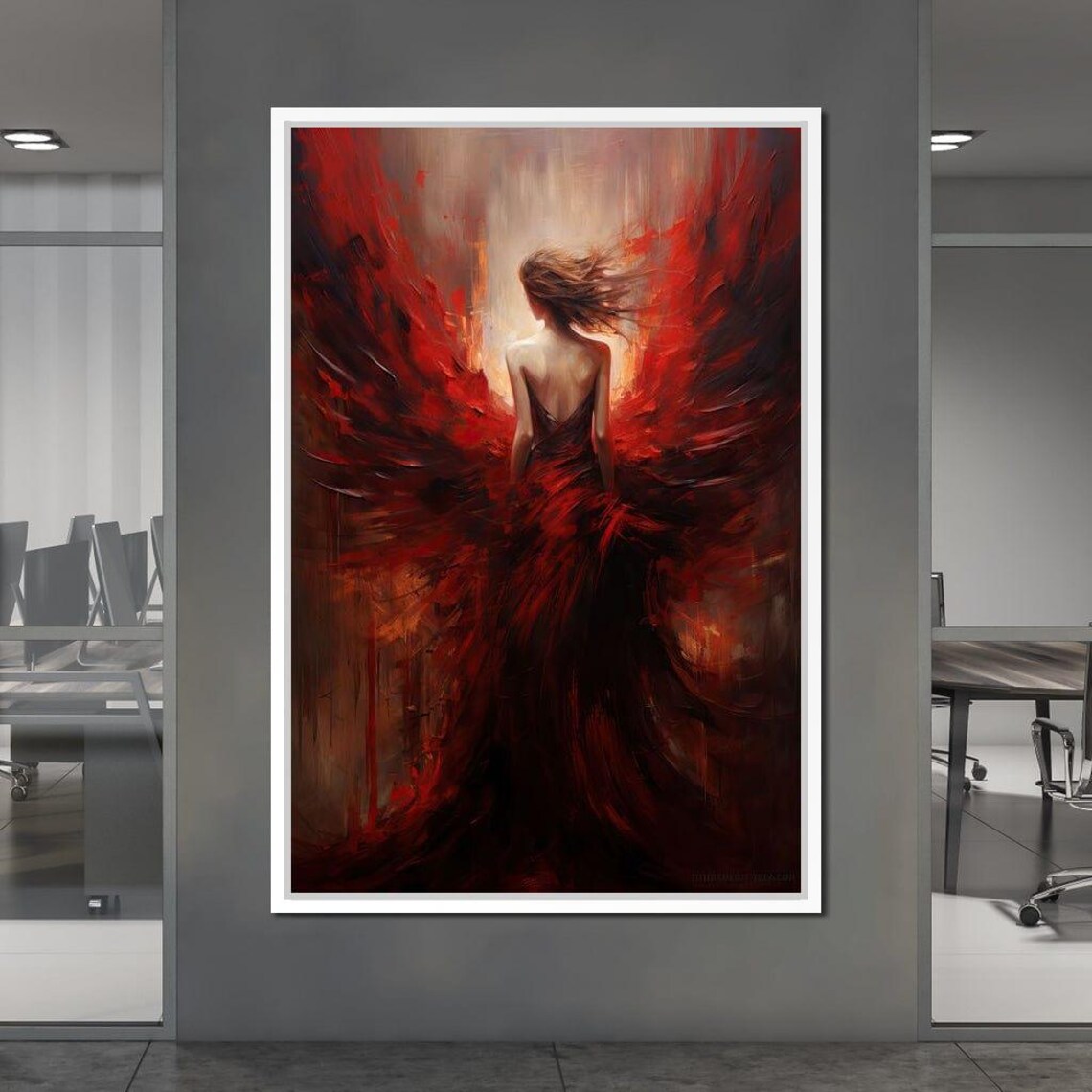 Crimson Shadow Lady In Flowing Red Gown Dramatic Oil Painting Poster - Image 3