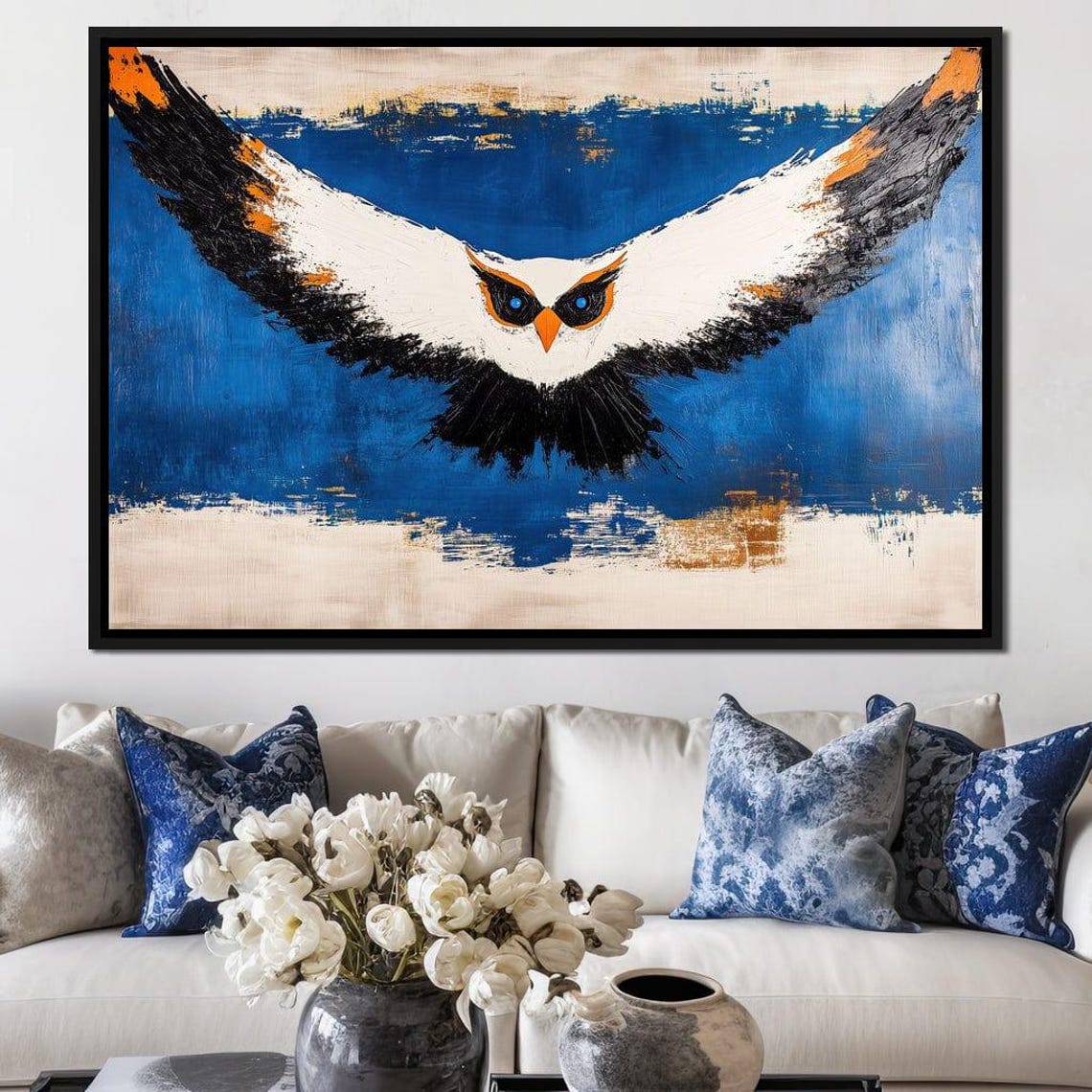 White Owl Diving With Spread Wings Cobalt Blue Abstract Art Poster