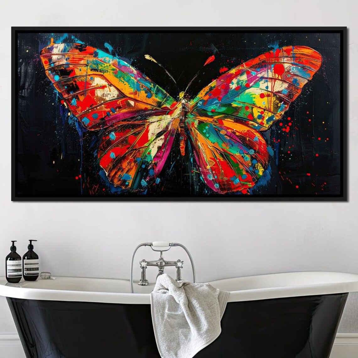 Painted Wings Vibrant Butterfly Red Orange Blue Abstract Dark Wall Art - Image 2