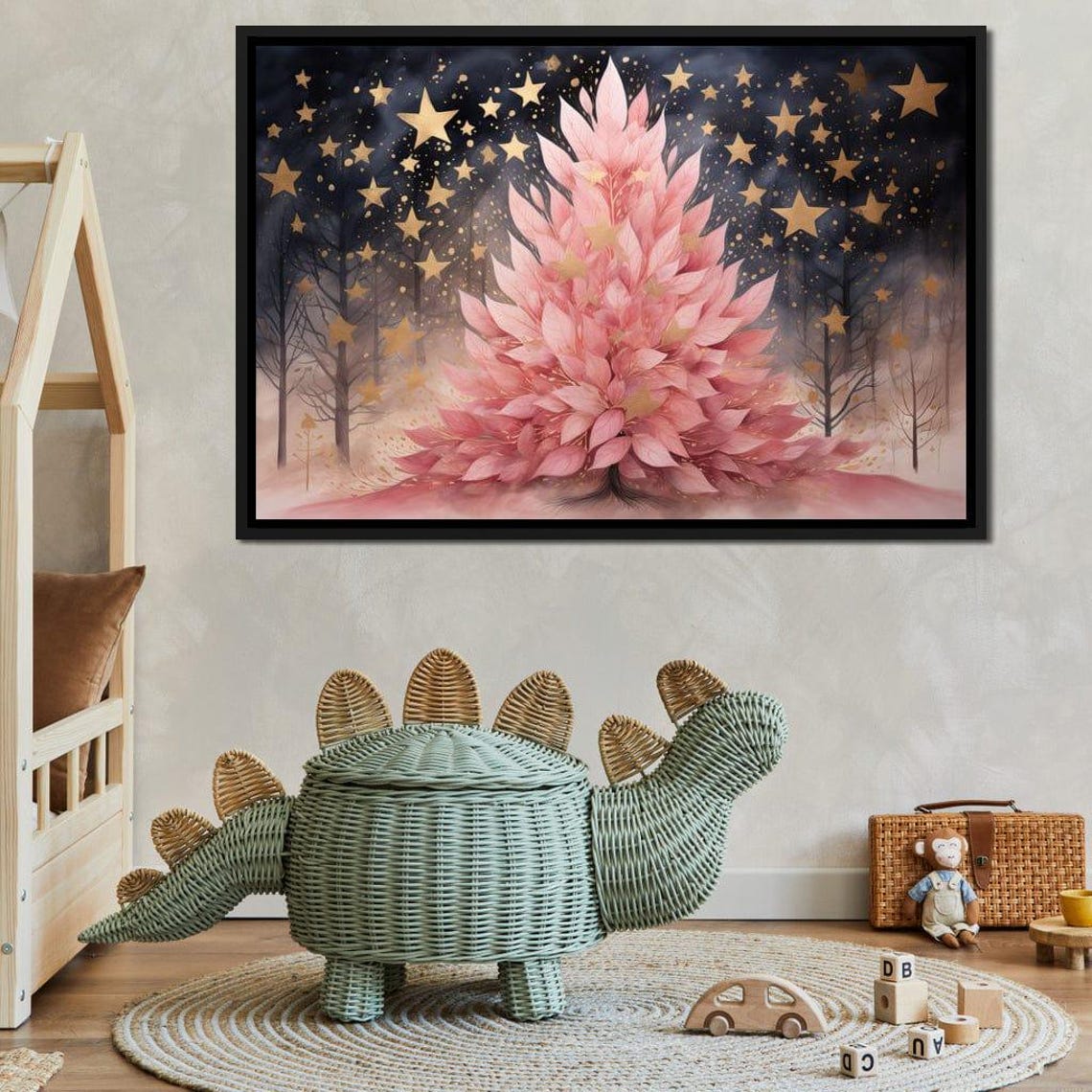 Pink Christmas Tree Gold Stars Night Botanical Holiday Wall Art - Image 4