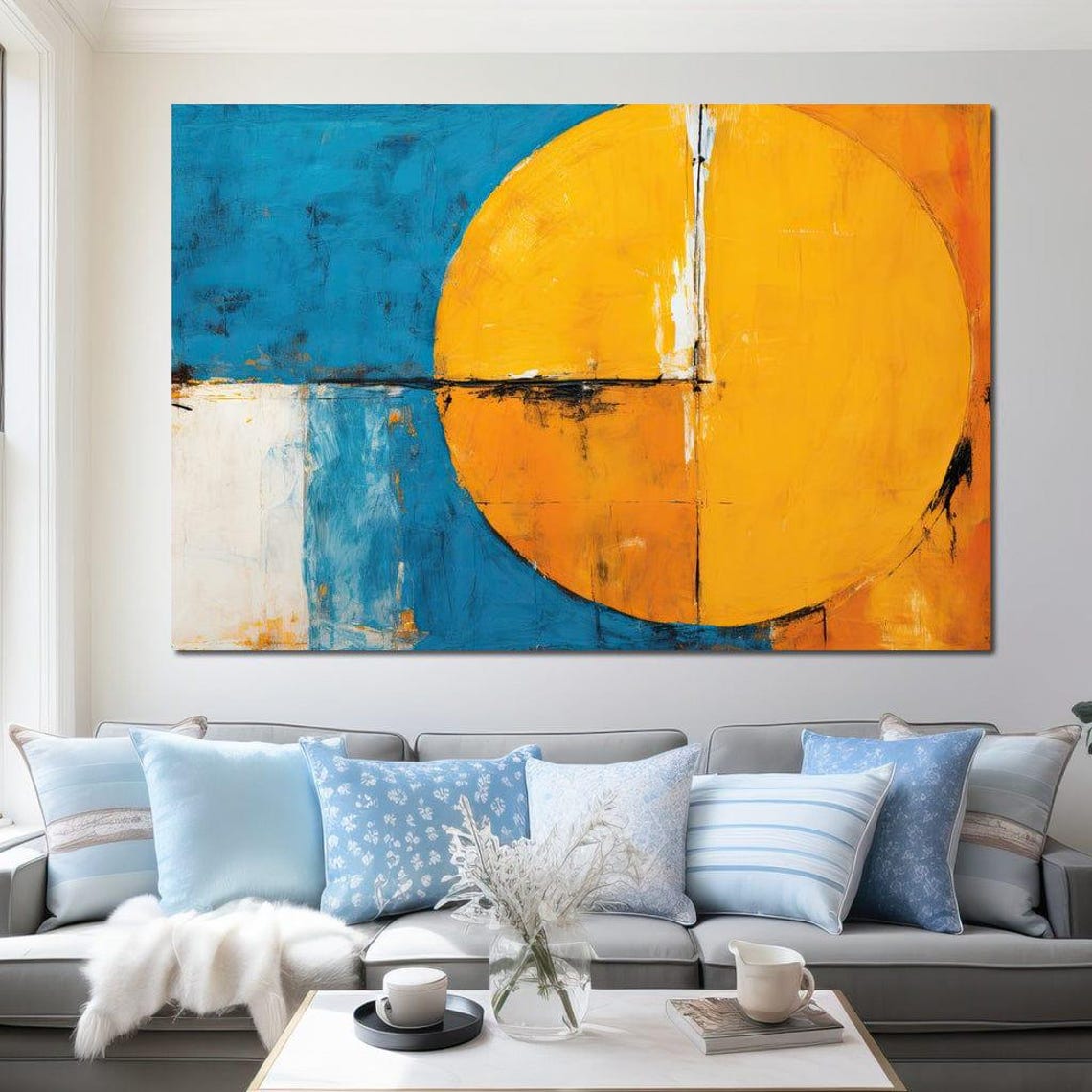 Teal Orange Abstract Sun 5 Panel Canvas Bold Horizon Circle Wall Art - Image 2