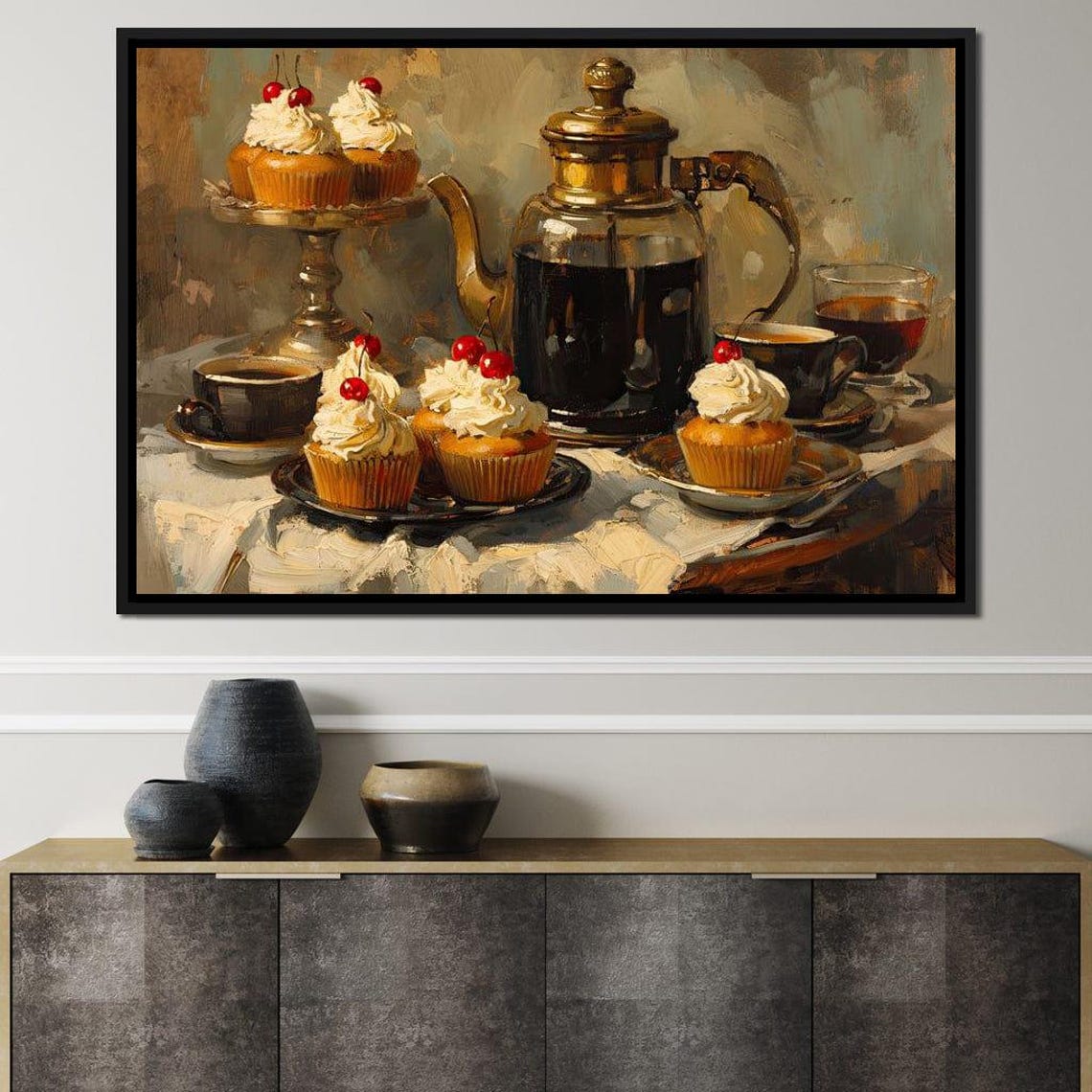 Coffee Cherry Cupcakes Still Life Painting Vintage Kitchen Wall Art - Image 3