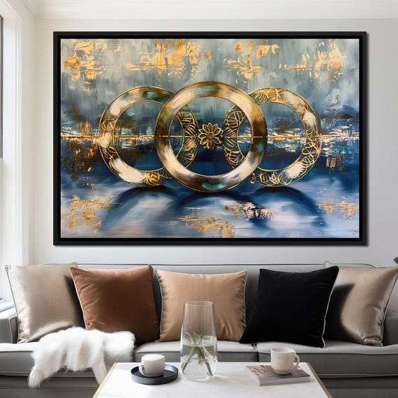 Golden Synchrony Symphony Modern Wall Art Abstract Circle Decor Geometric Rings Gold Blue Elegance Home Style By Nichecanvas