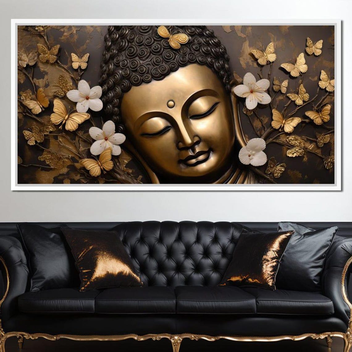 Golden Buddha Head Butterflies White Flowers Zen Bliss Wall Art - Image 4