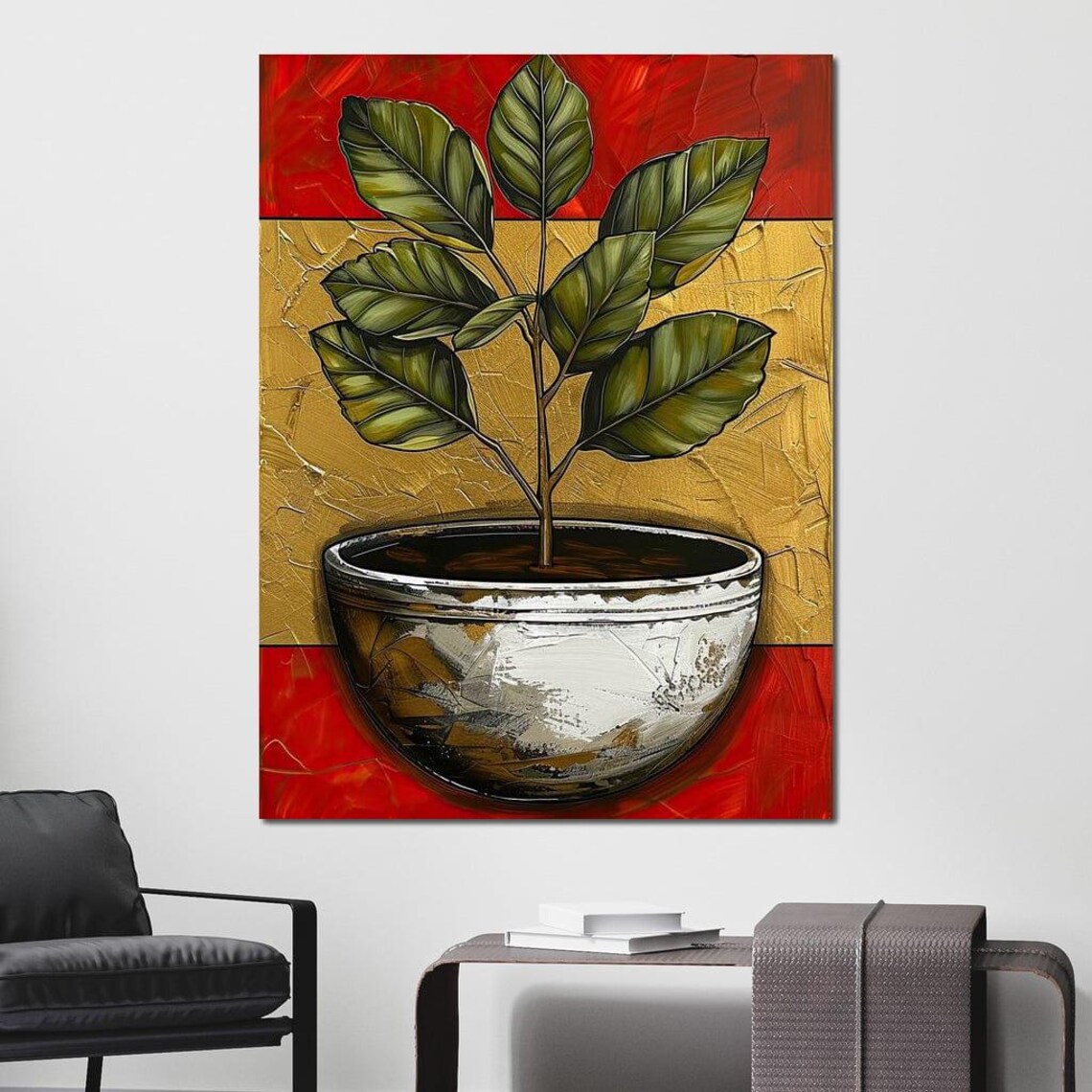 Potted Green Plant Gold Red Background Botanical Modern Art Print - Image 4