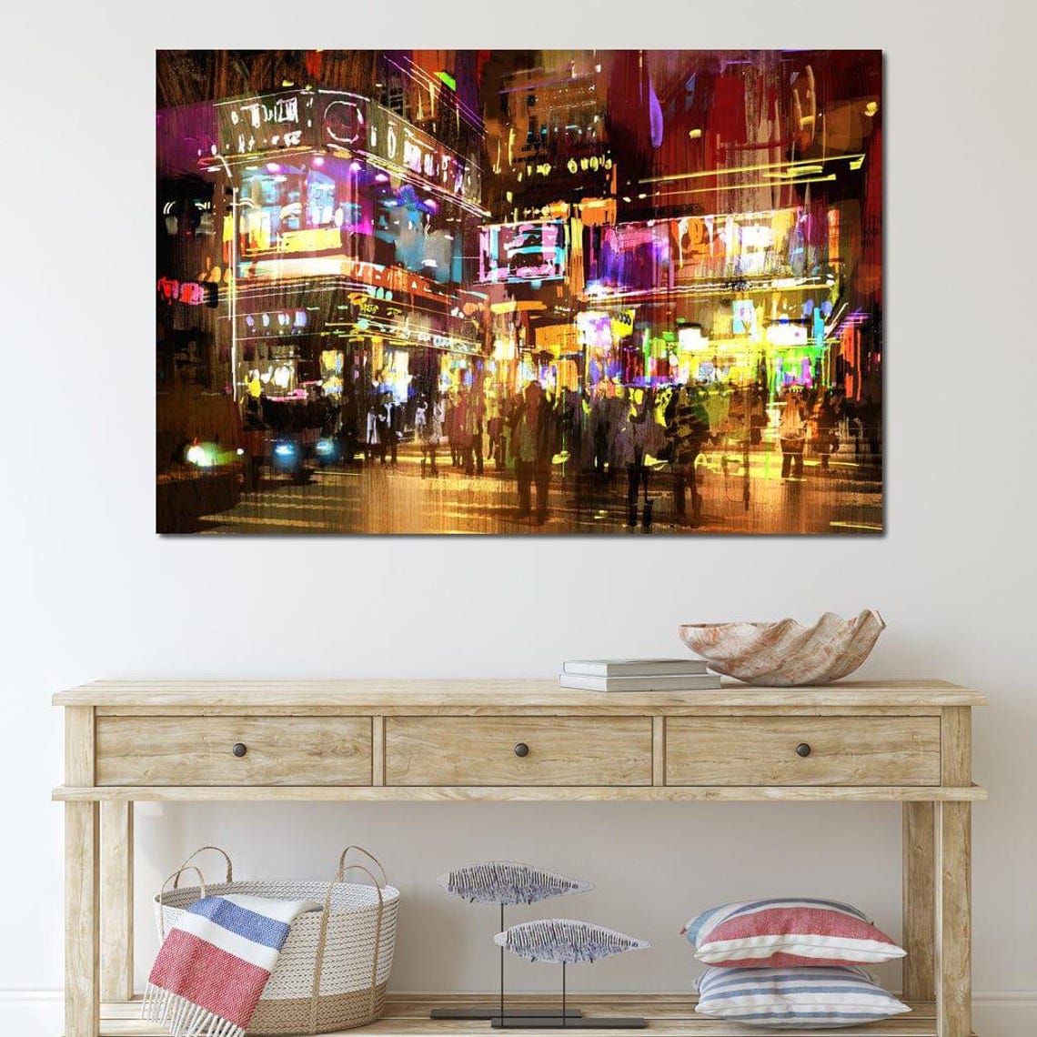 Erythracus Market Vibrant Urban Cityscape Neon Lights Nightlife Oil Painting Modern Decor Colorful Rainy Street Art By Nichecanvas - Image 4