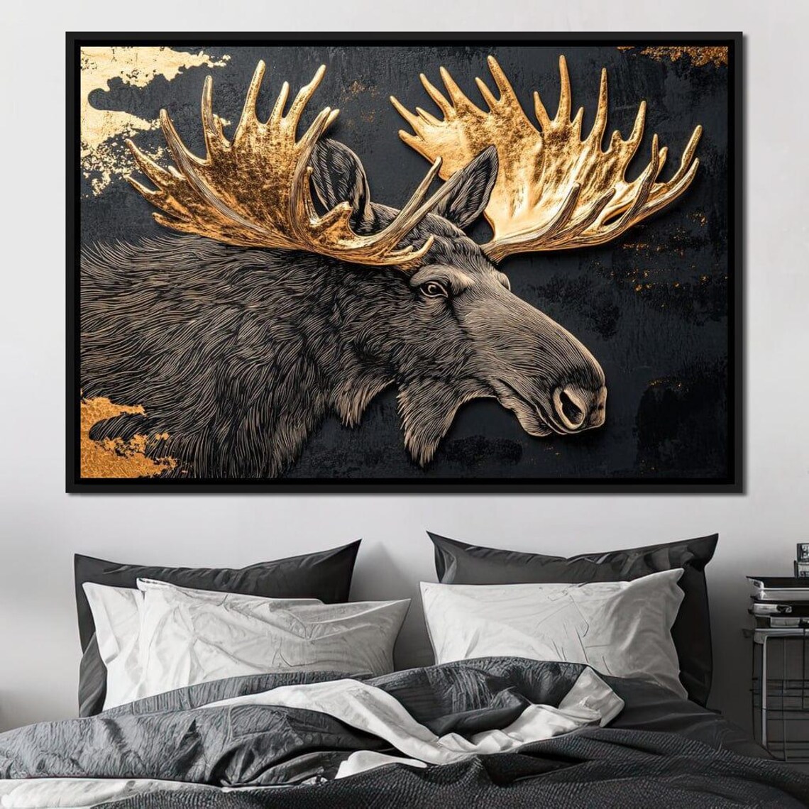 Majestic Moose Gold Antlers Black Gold Detailed Wildlife Art Poster - Image 3