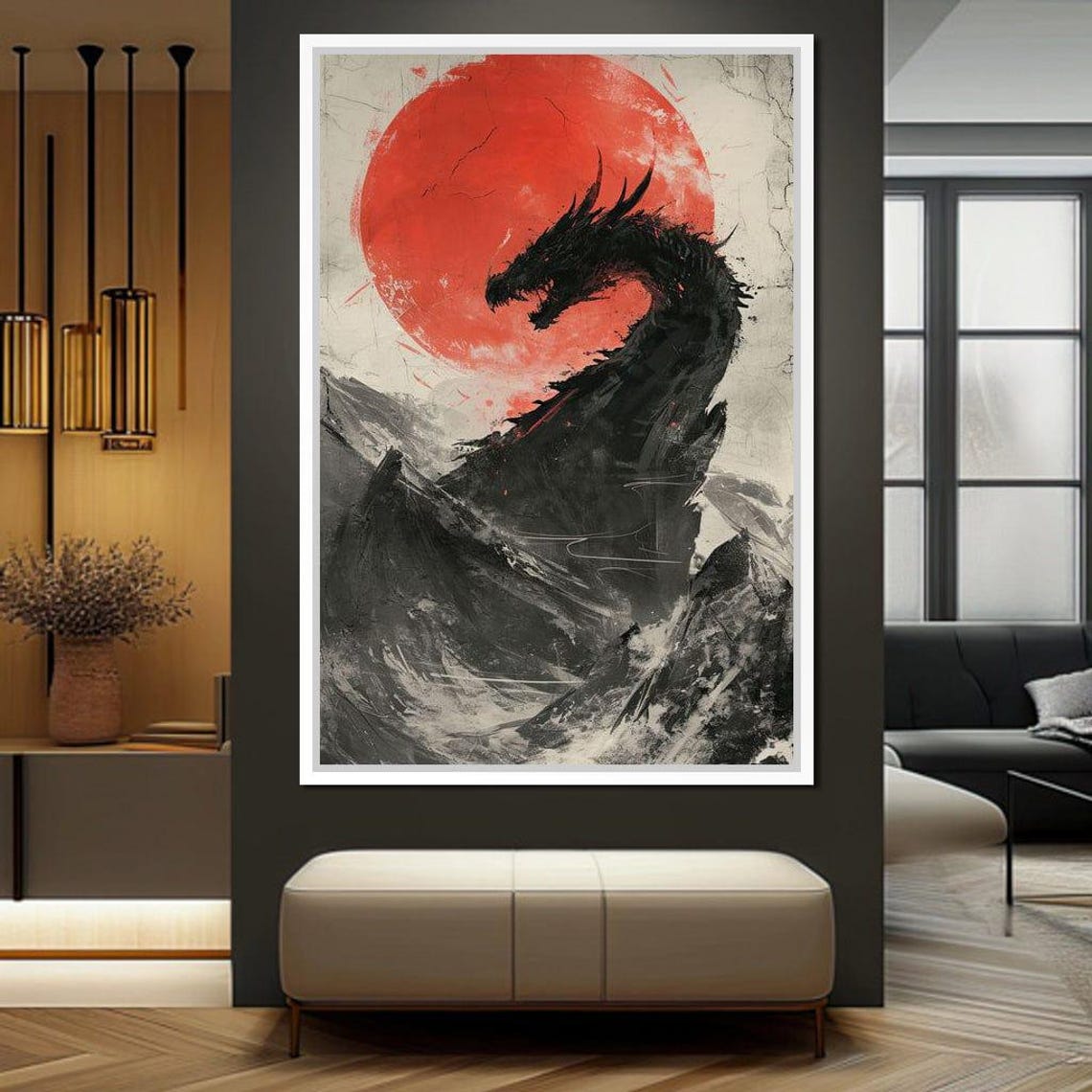 Black Dragon Red Sun Japanese Ink Fantasy Warrior Wall Poster - Image 2