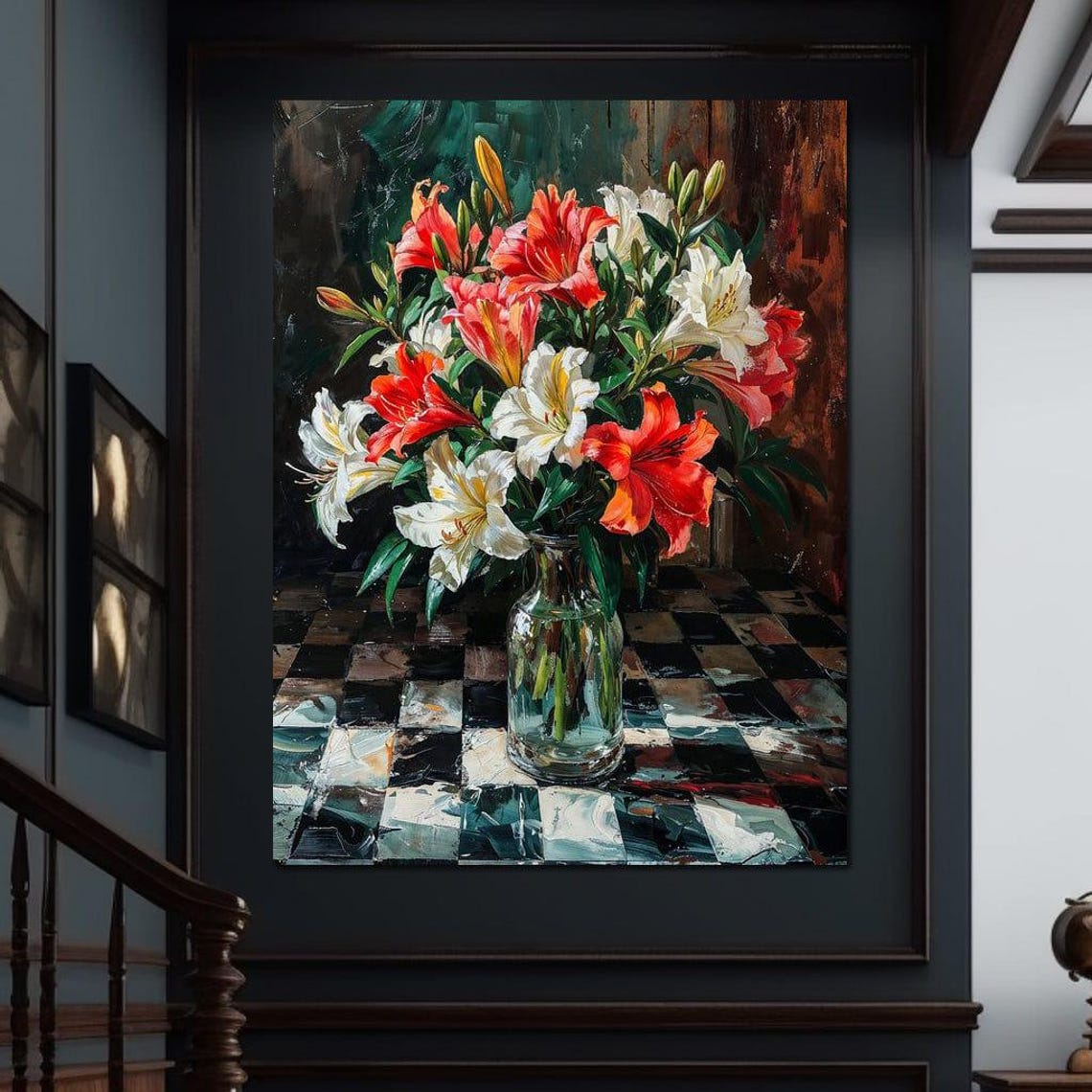 Red White Orange Lilies Bouquet Glass Vase Classic Still Life Poster