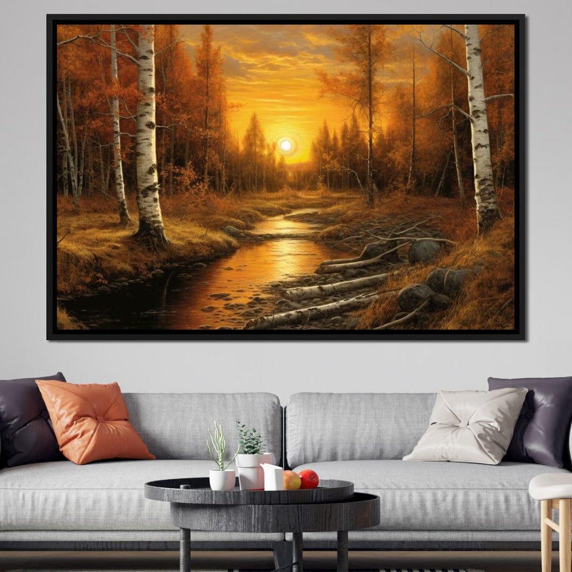Silver Birch Forest Autumn Sunset Stream Golden Fall Travel Poster