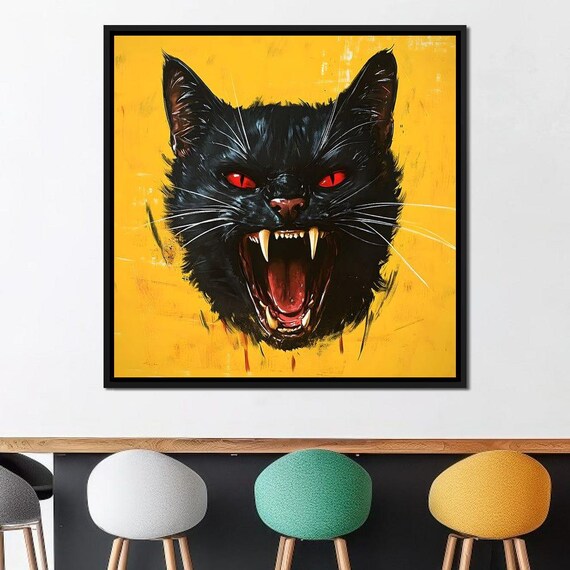 Hissing Black Cat with Red Eyes and Fangs on Bright Yellow Poster