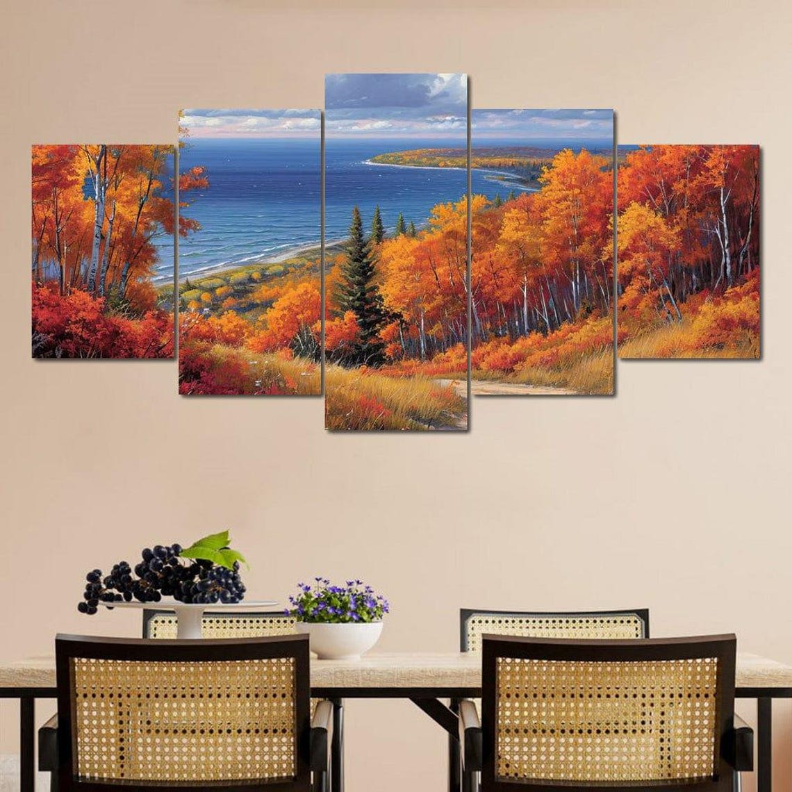 Autumn Birch Forest Lake View Five Panel Fall Foliage Travel Poster - Image 2