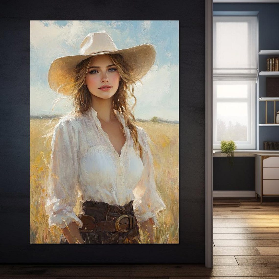 Sunlit Cowgirl Golden Fields White Hat Western Portrait Art Poster