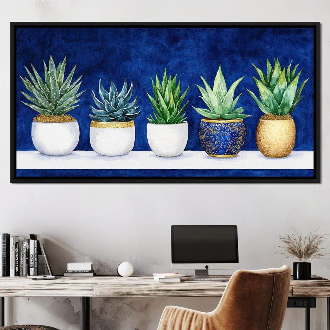 Five Potted Succulents And Agave On Deep Navy Blue Botanical Wall Art