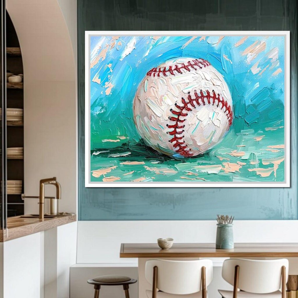 Baseball Oil Painting Teal Background Impasto Sports Art Wall Print - Image 4