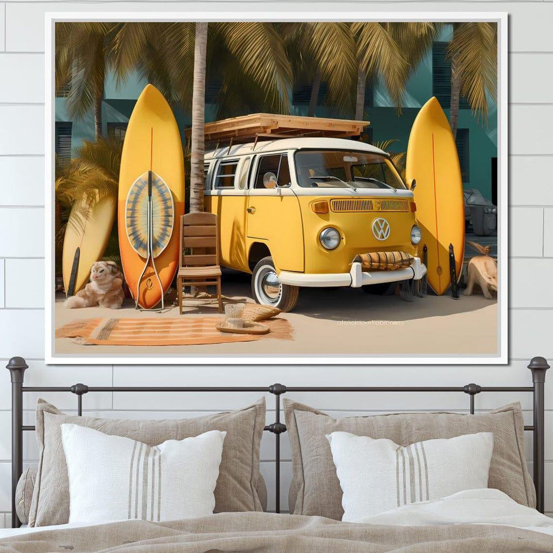 Surfside Yellow A Summer Scene Yellow Van Art Beach Decor Coastal Home Surfboard Art Home Decor By Nichecanvas
