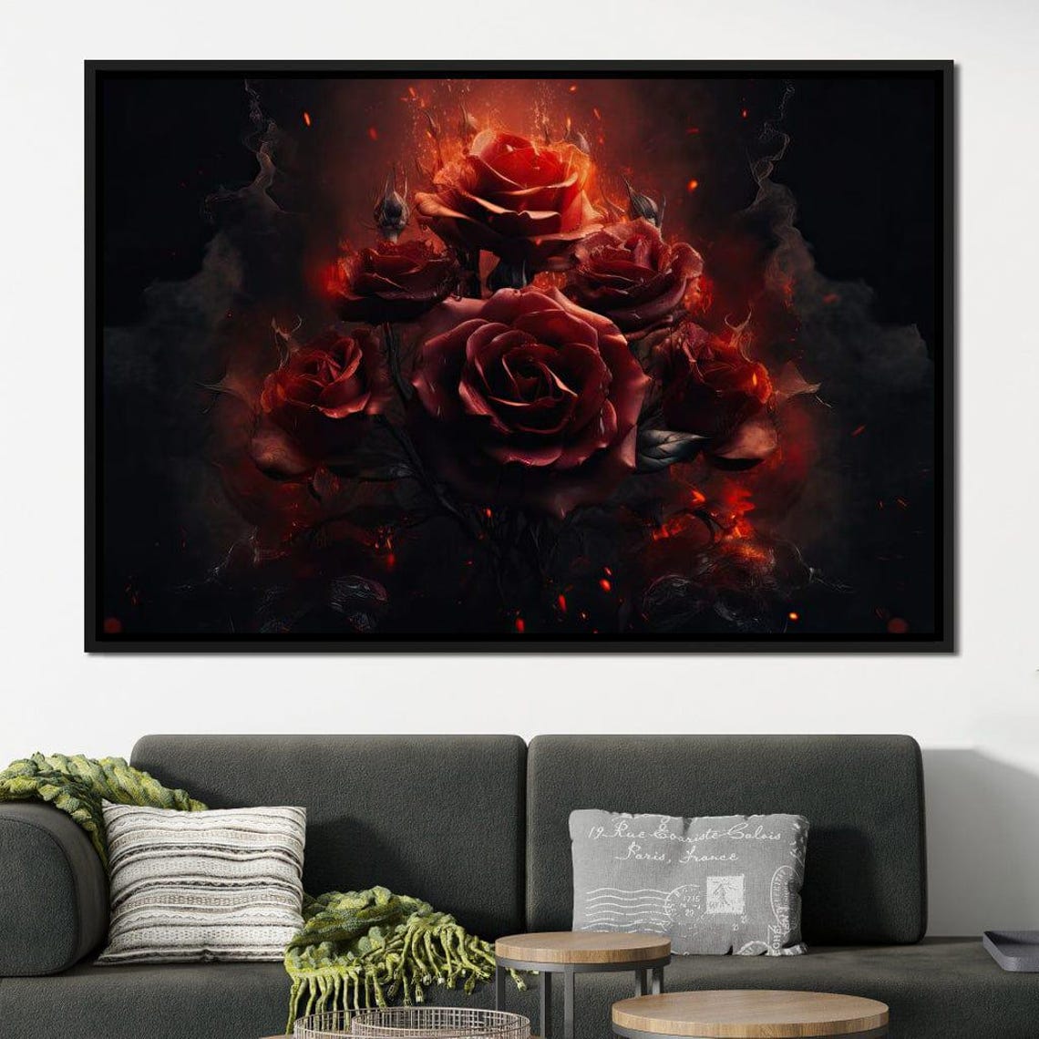 Fiery Red Roses Ember Glow Dark Moody Floral Wall Art Poster - Image 4
