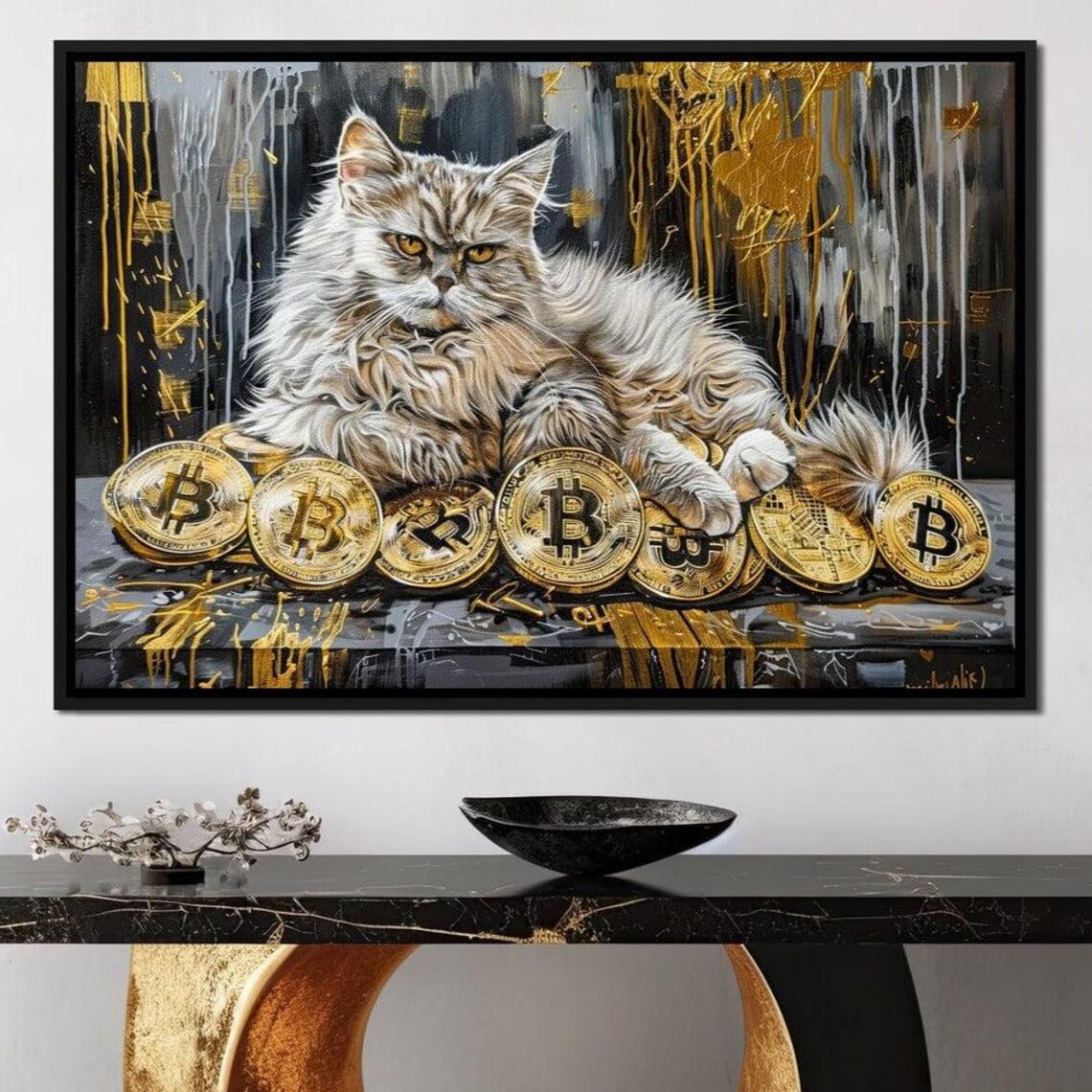 White Fortune Cat Sitting On Bitcoin Gold Coins Luxury Feline Art Print - Image 3