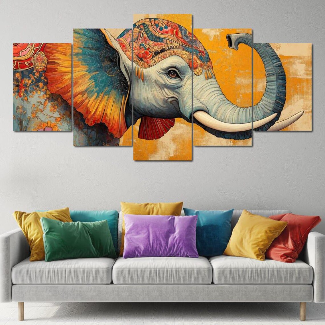 Colorful Painted Elephant Floral Paisley Orange Background Boho Art Poster - Image 3