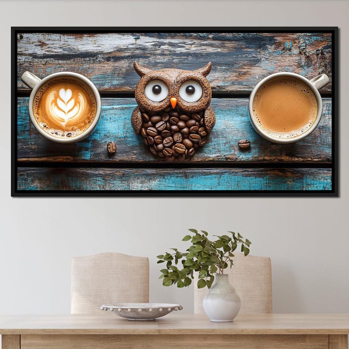 Coffee Bean Owl With Two Espresso Cups Rustic Multi Panel Poster - Image 4