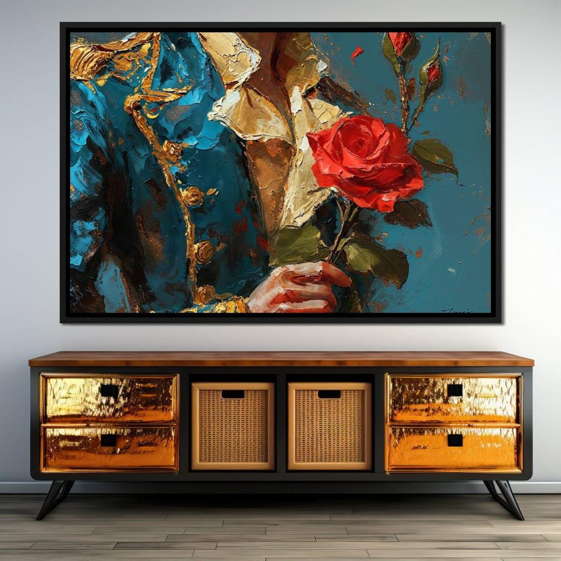 Red Rose and Blue Military Coat Romantic Oil Painting Floral Wall Art - Image 3