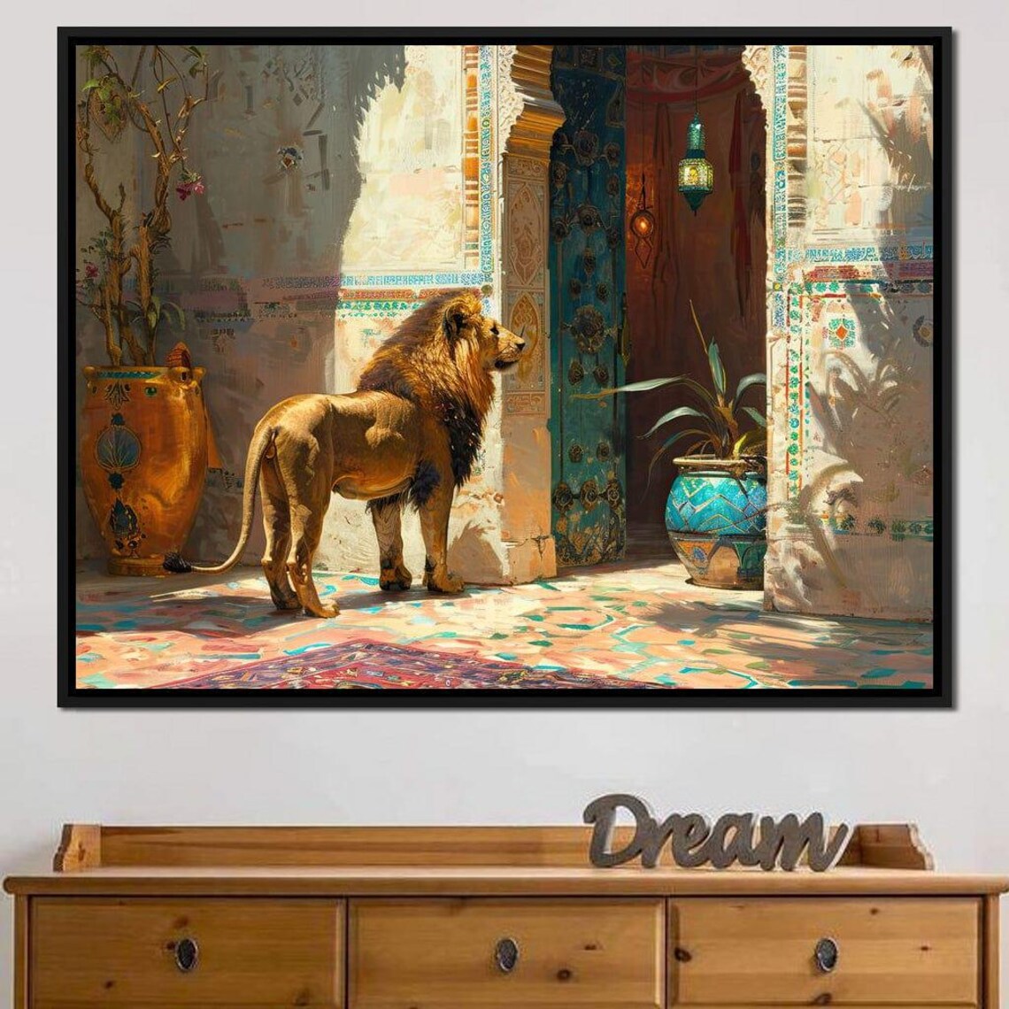 Majestic Lion Standing Moroccan Courtyard Sunlit Mosaic Tiles Art Poster - Image 4