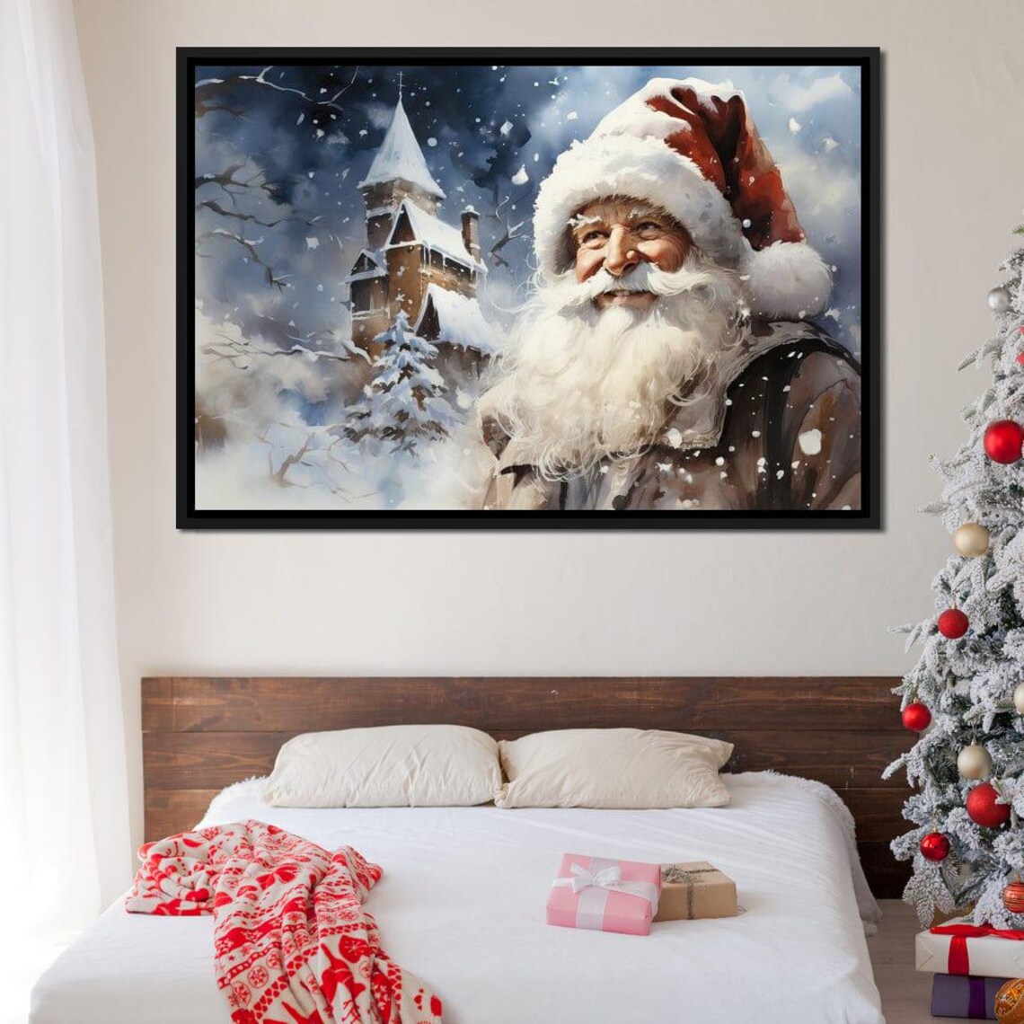 Santa Claus Snowy Village Church Watercolor Nostalgic Christmas Poster - Image 3
