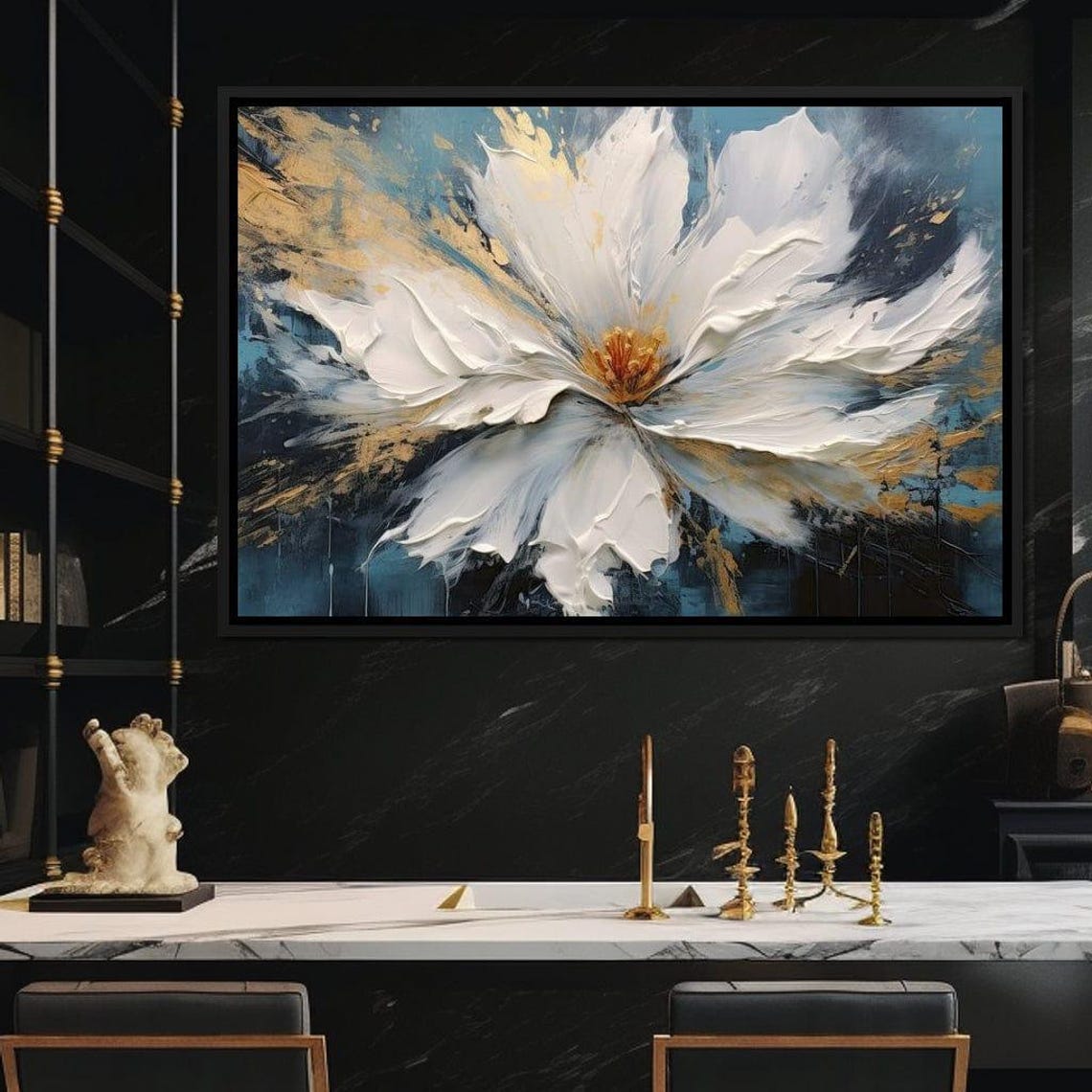 White Magnolia Bloom Gold Accent Navy Five Panel Wall Art Poster - Image 2