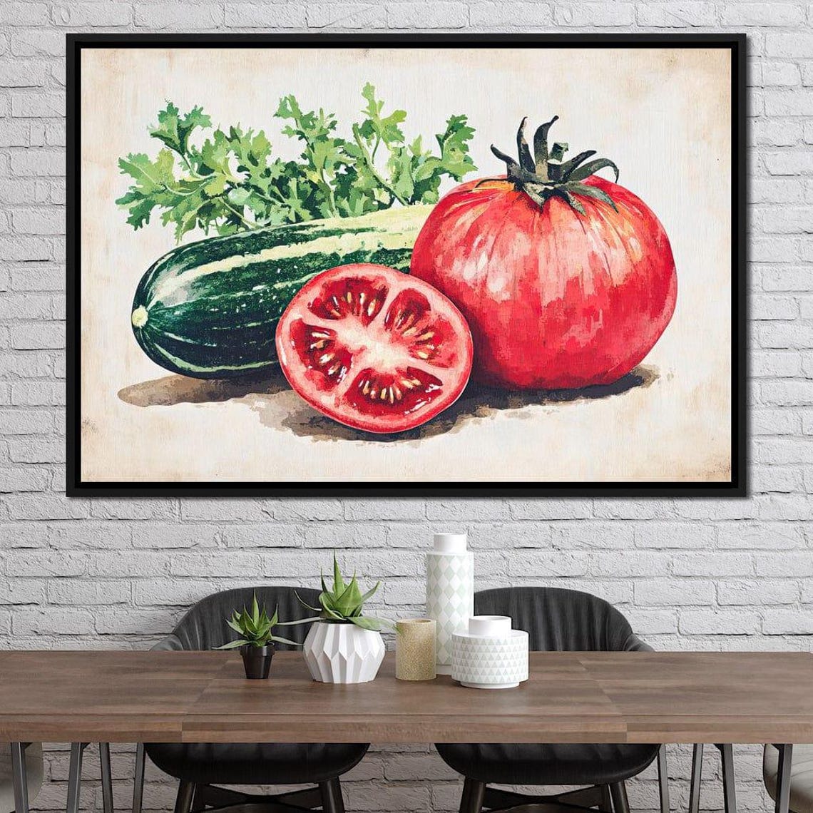 Red Tomato Half Slice Cucumber Parsley Watercolor Kitchen Wall Art - Image 2