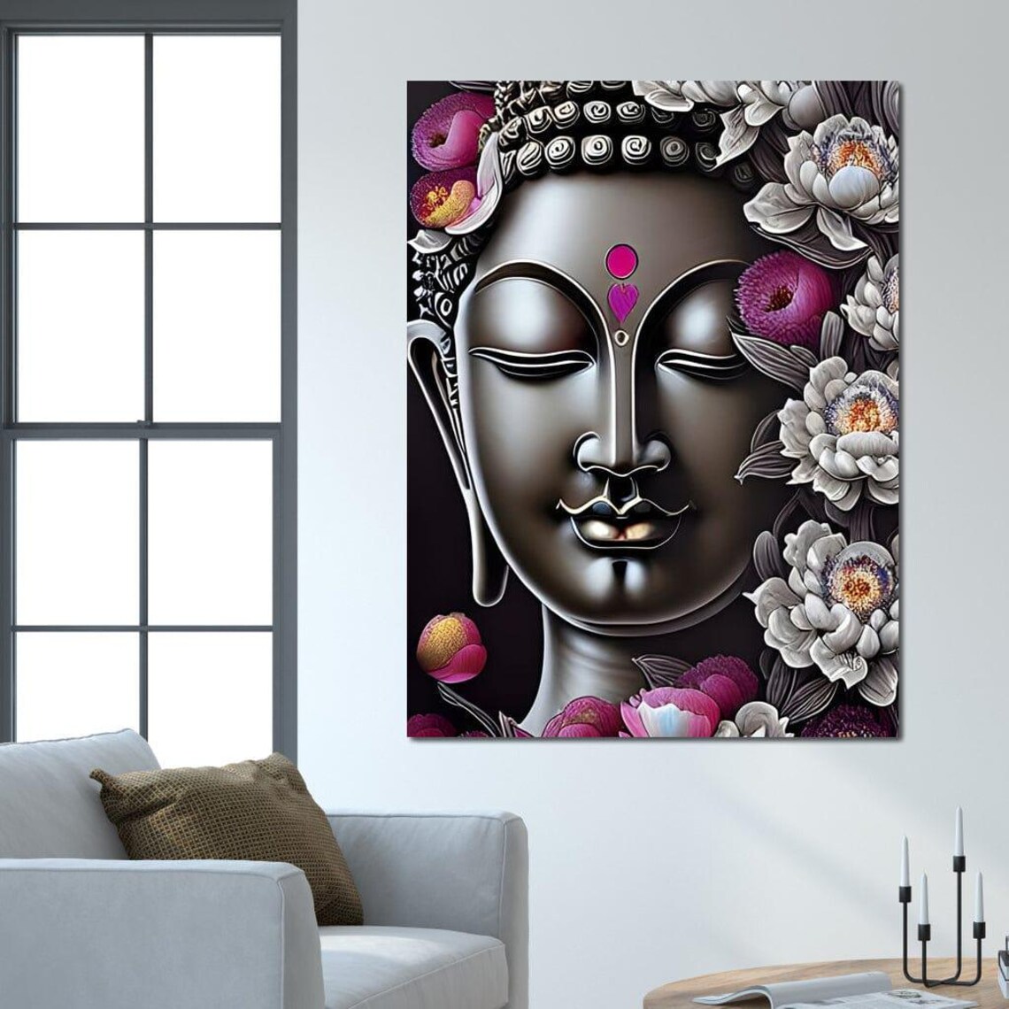 Silver Buddha Face Pink Grey Flowers Lotus Zen Calm Meditation Poster - Image 3