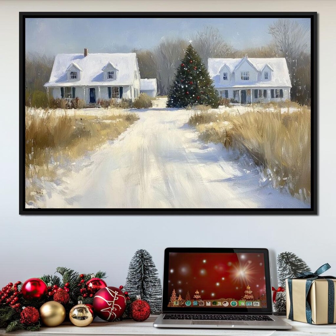 Snowy Winter Homestead White Farmhouse Christmas Tree Lane Poster - Image 2