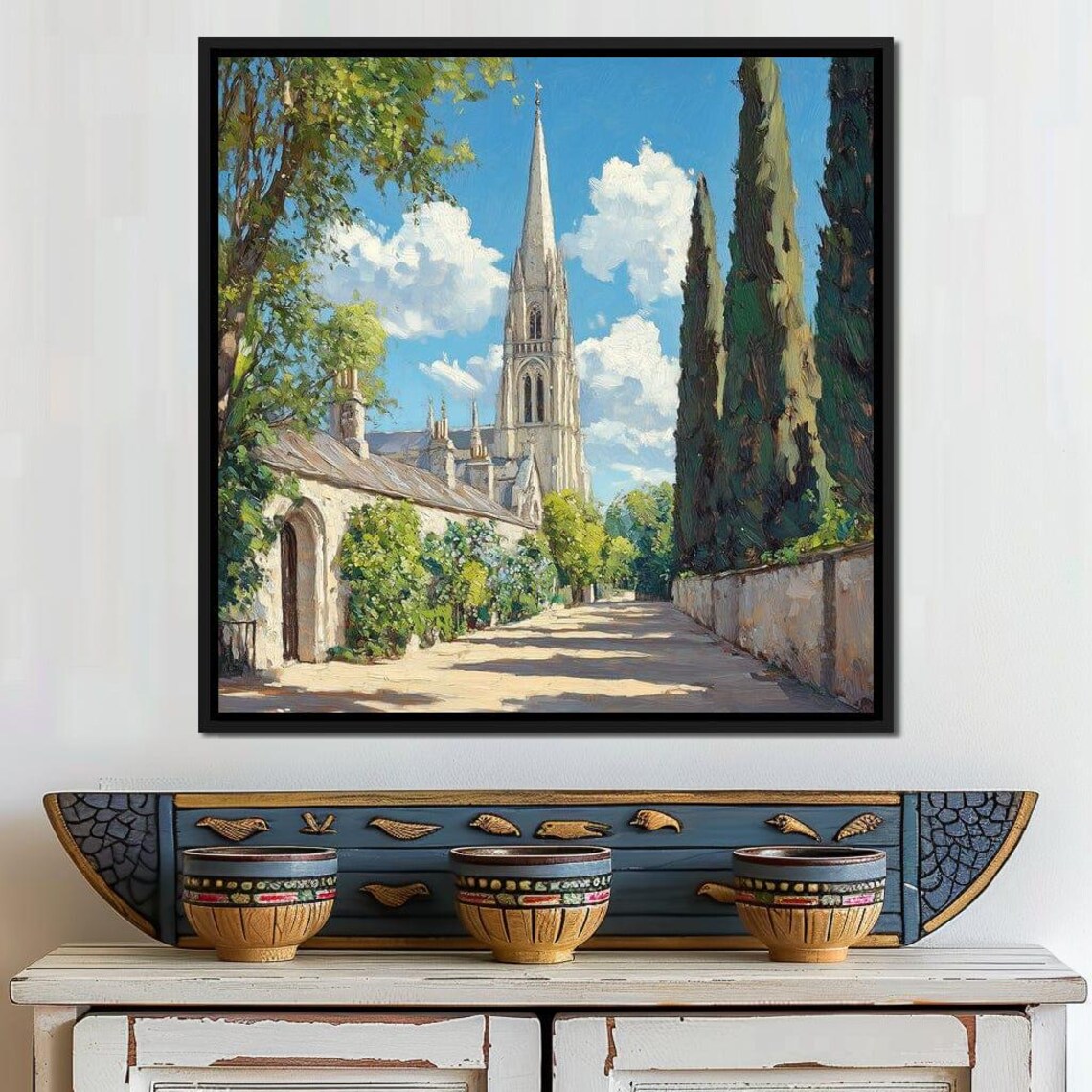 Sunlit Church Steeple Village Path Cypress Trees European Art Poster - Image 2