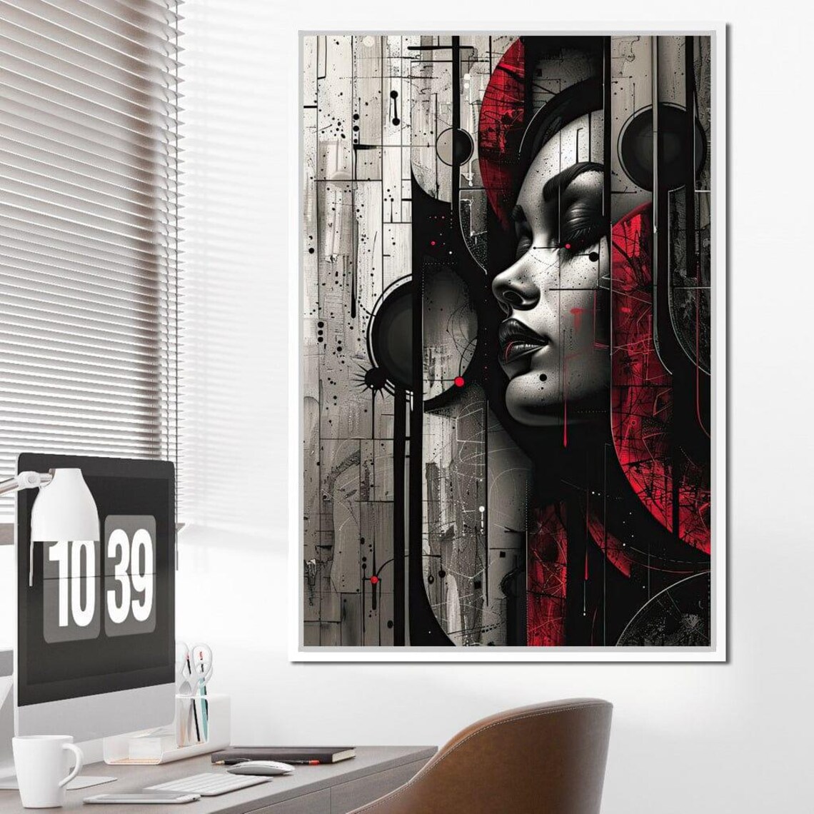 Noir Woman Profile Red Accents Urban Abstract Portrait Wall Art - Image 3