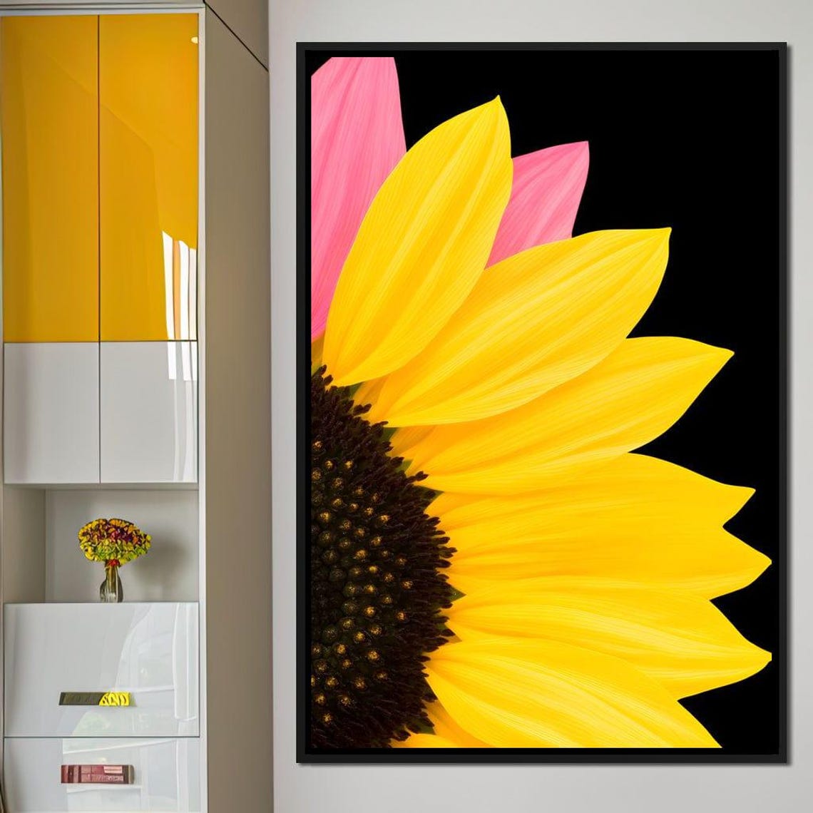 Close Up Sunflower Bloom with Pink Petals on Black Wall Poster