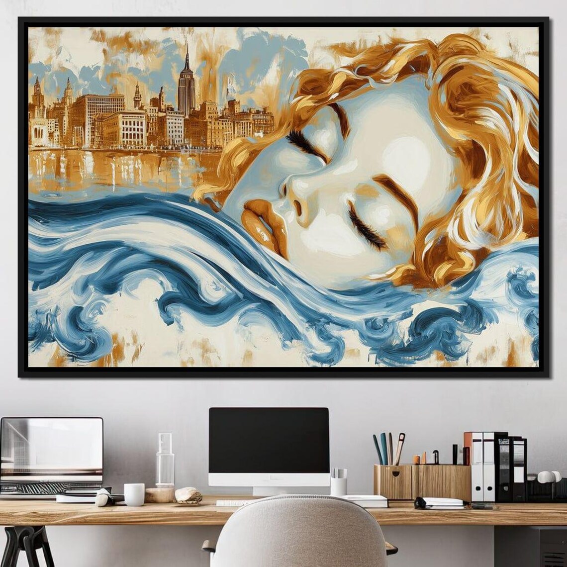 Sleeping Woman Golden Hair Ocean Waves Gold City Skyline Dream Poster - Image 3