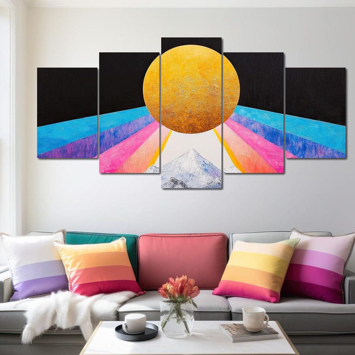 Golden Sun Snow Peak Rainbow Rays Abstract Geometric Mountain Print - Image 4