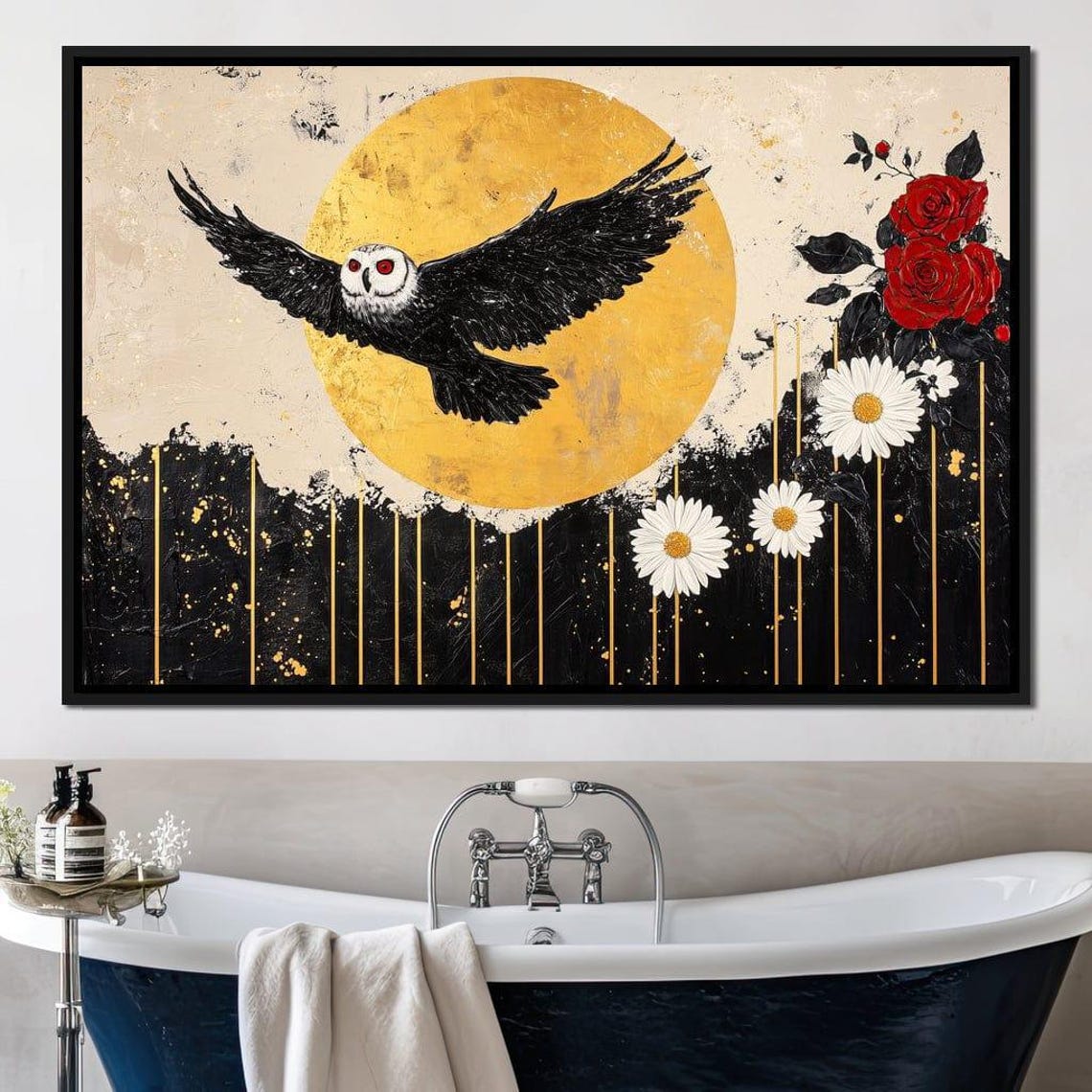 Black Barn Owl Flying Under Golden Moon Roses Daisies Art Poster - Image 3