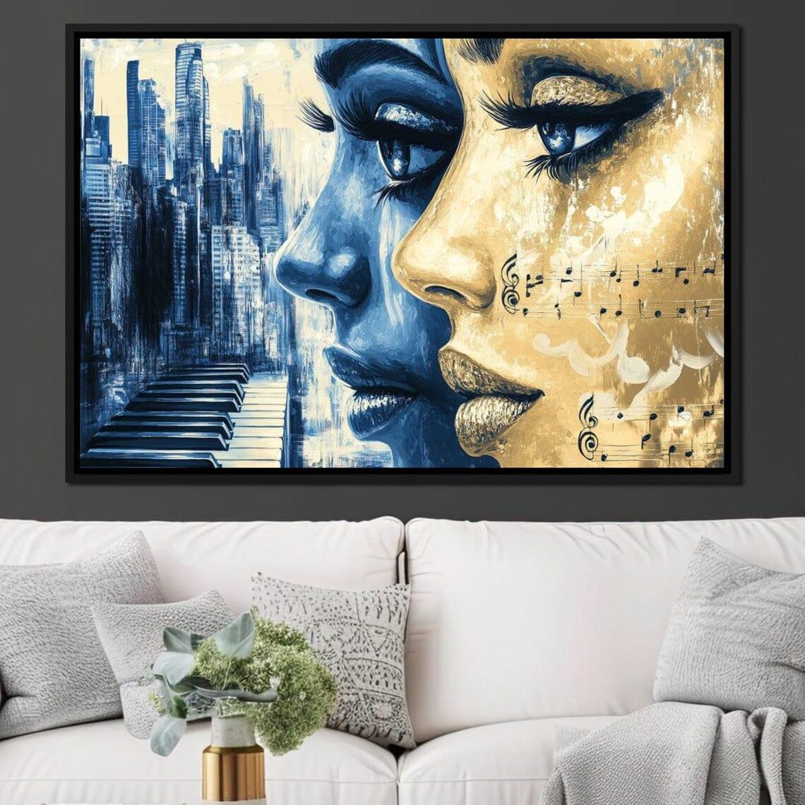Blue And Gold Woman Profile Music Notes City Skyline Art Poster - Image 3
