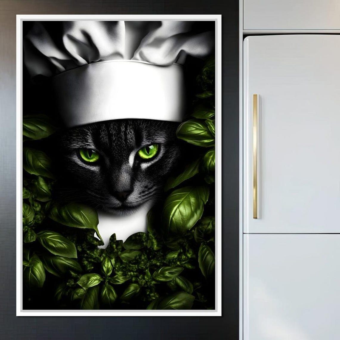 Chef Cat Green Eyes Basil Leaves Kitchen Framed Whimsical Wall Art