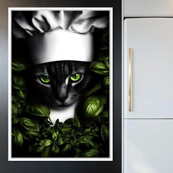 Chef Cat Green Eyes Basil Leaves Kitchen Framed Whimsical Wall Art