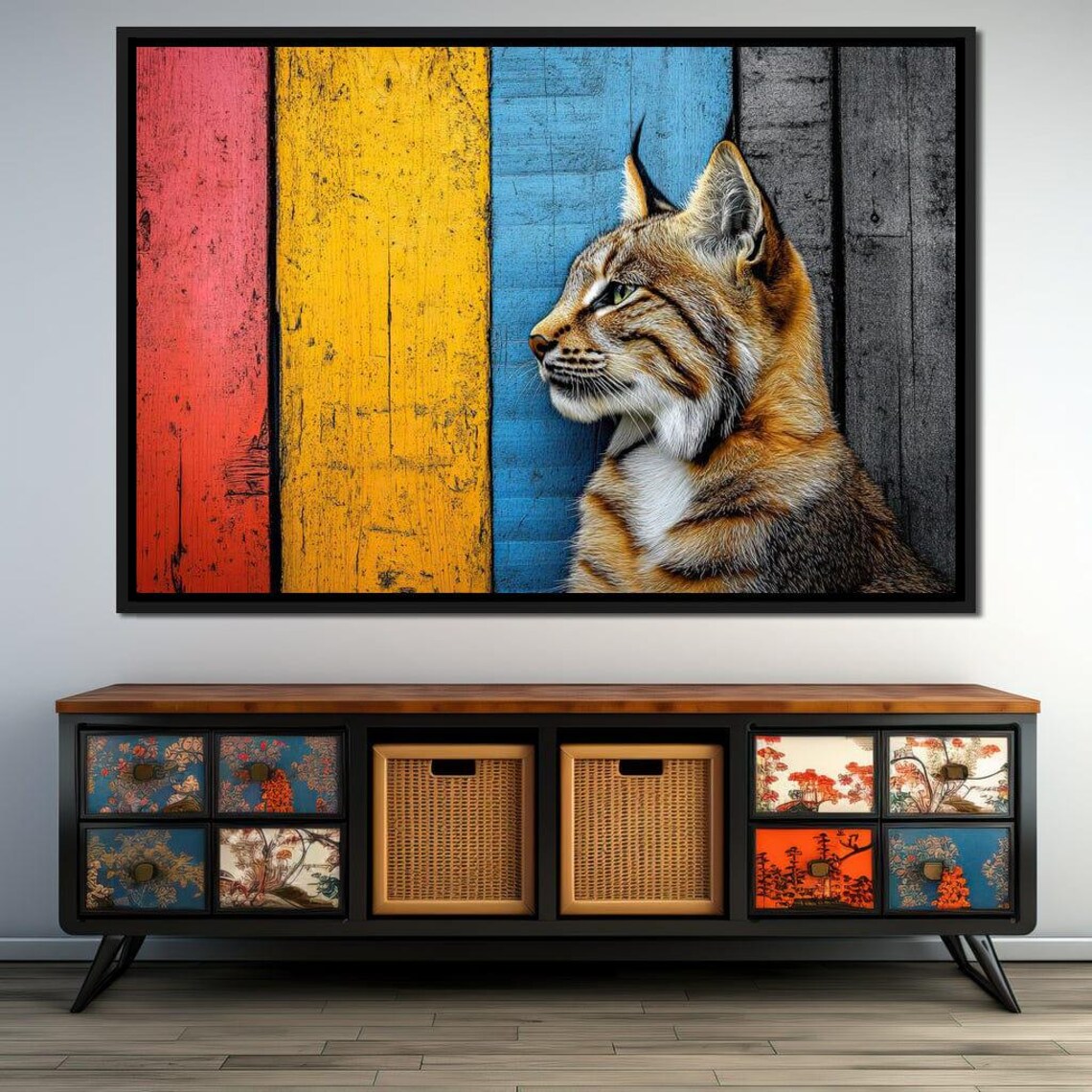 Wild Lynx Portrait Against Colorful Striped Wood Panels Poster