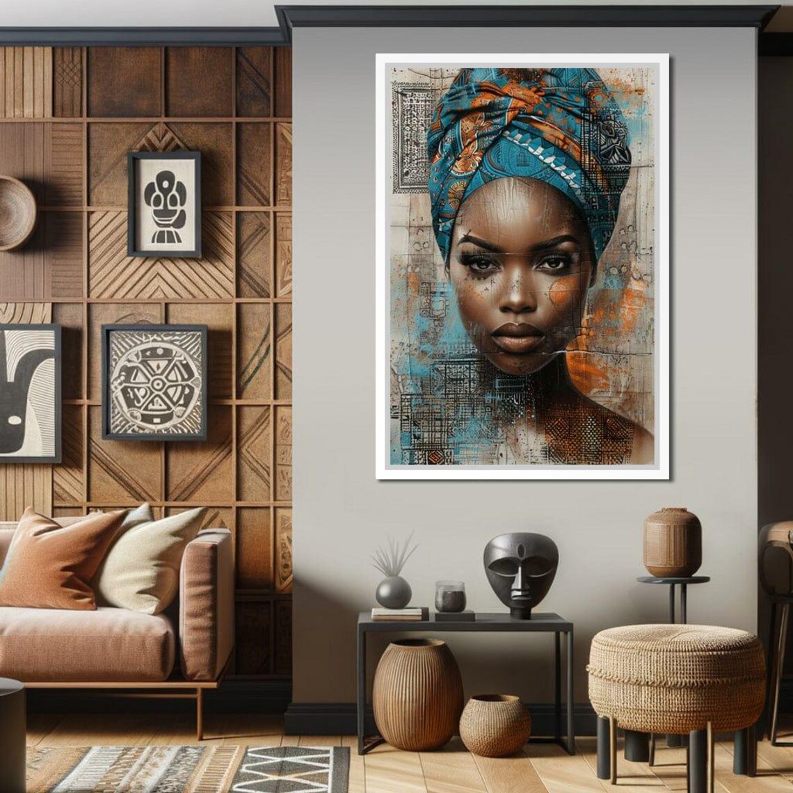 African Woman Blue Orange Headwrap Mixed Media Portrait Wall Art - Image 2