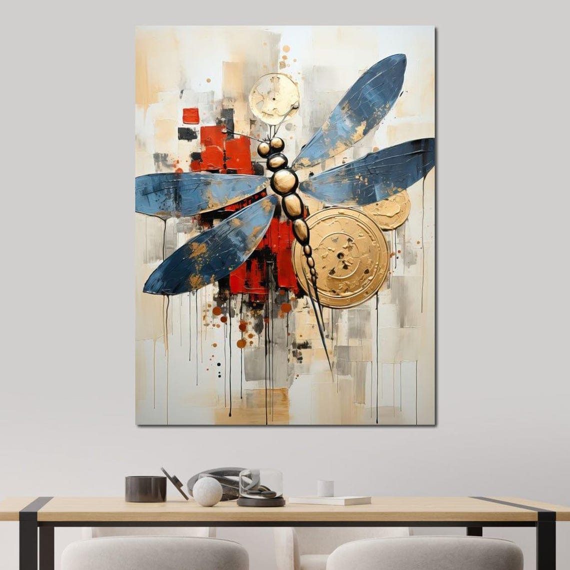Blue Winged Dragonfly Gold Circles Abstract Modern Nature Art Poster - Image 2